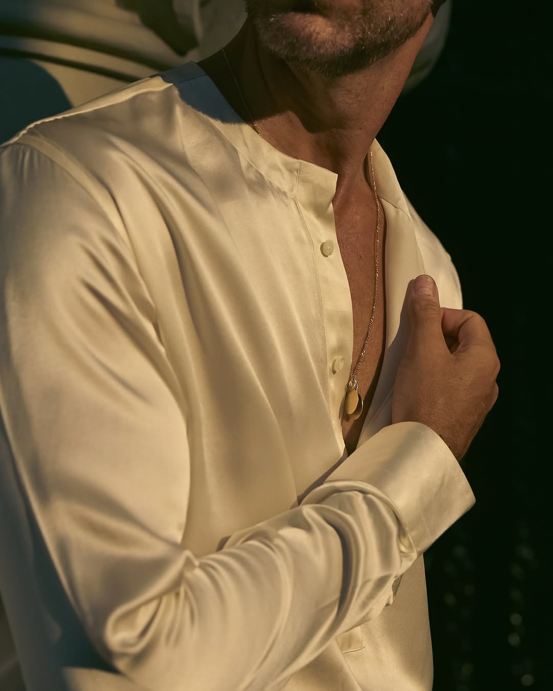 Cream Silk Band Collar Shirt - 4