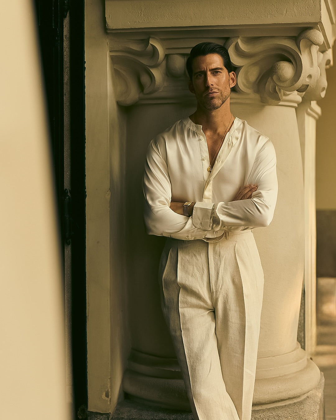 Cream Silk Band Collar Shirt - 7
