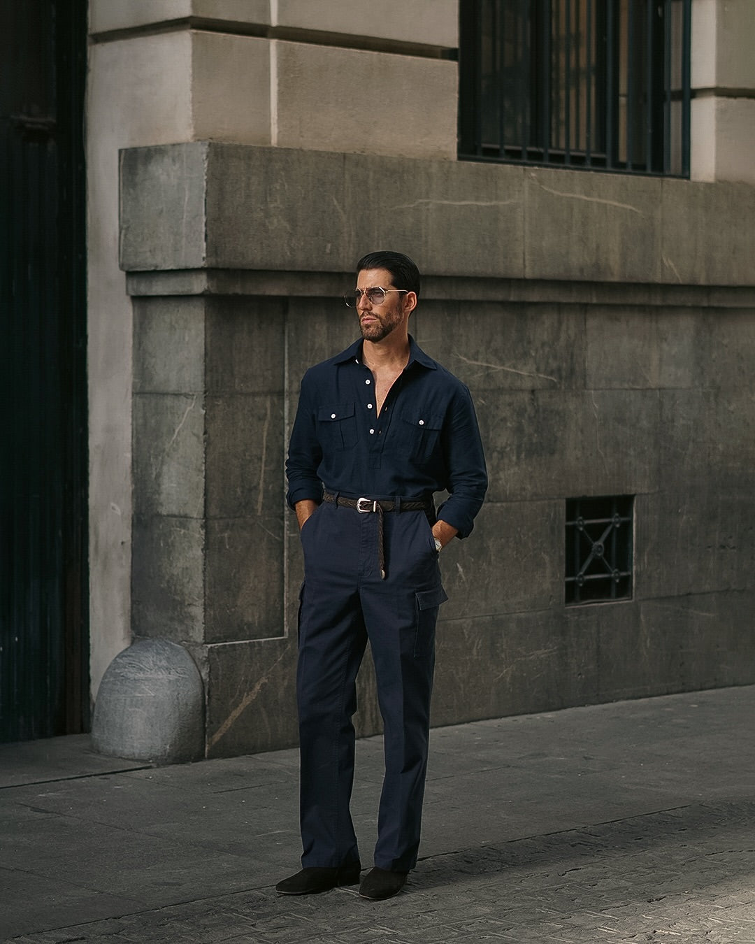 Navy Cotton Twill High Rise Cargo Pant - 7