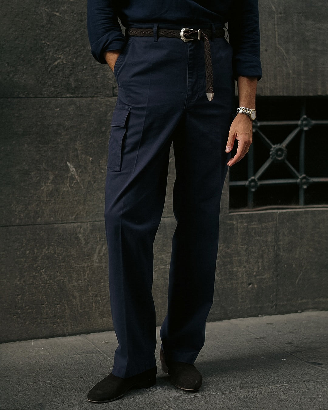Navy Cotton Twill High Rise Cargo Pant - 1