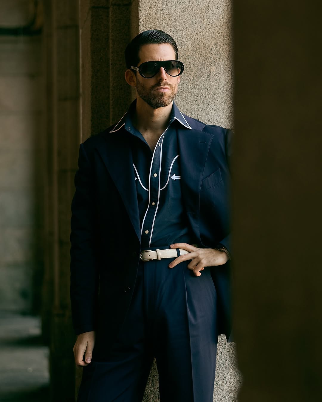 Navy Pinpoint Oxford Sartorial Western Shirt - 14