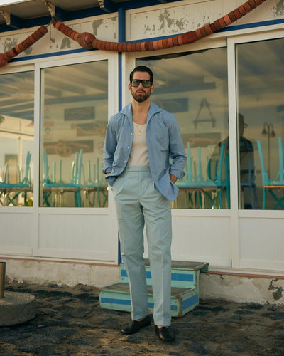 Pleated Powder Blue Twill High Rise Pant