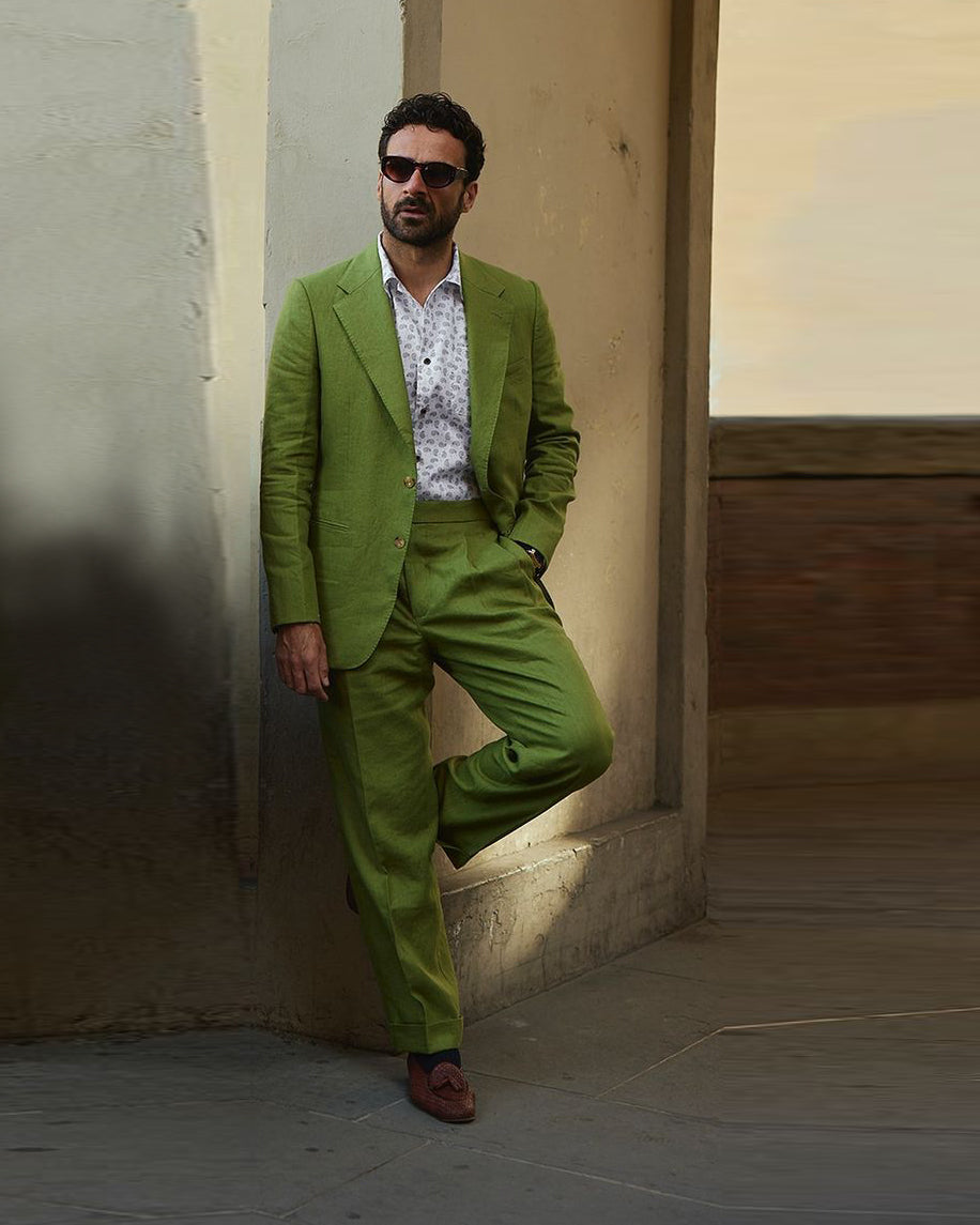 Pleated Fern Green Linen Dress Pant