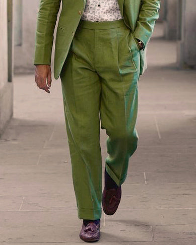 Pleated Fern Green Linen Dress Pant