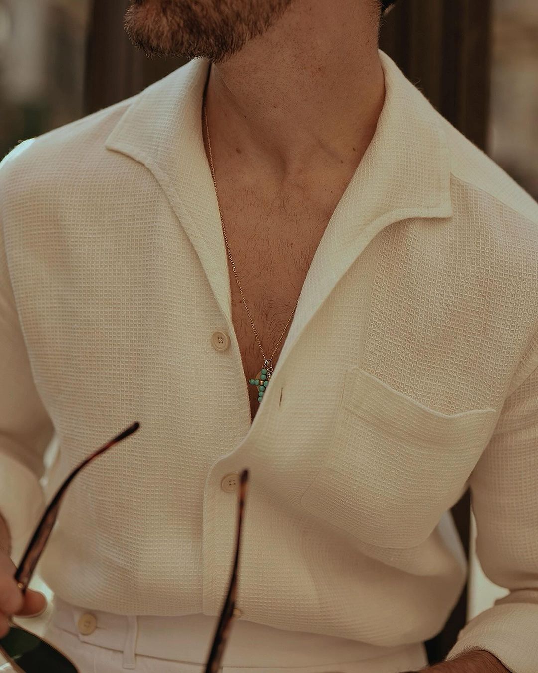 Summer Off-White Shirt in Soft Wash Honeycomb Linen with one piece collar placket