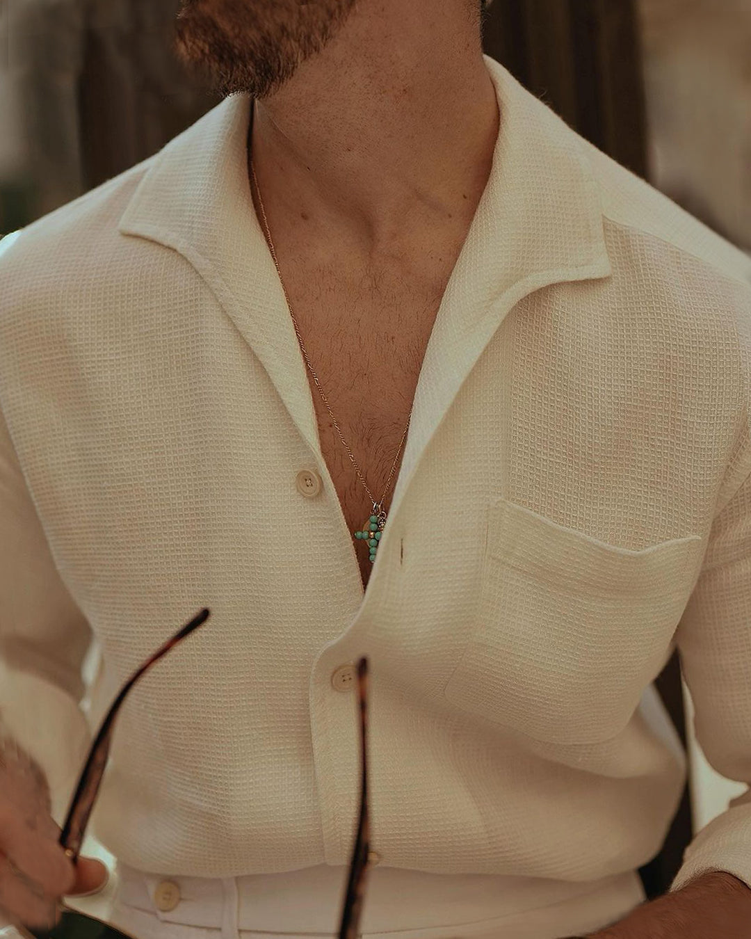 Summer Off-White Shirt in Soft Wash Honeycomb Linen with one piece collar placket - 1