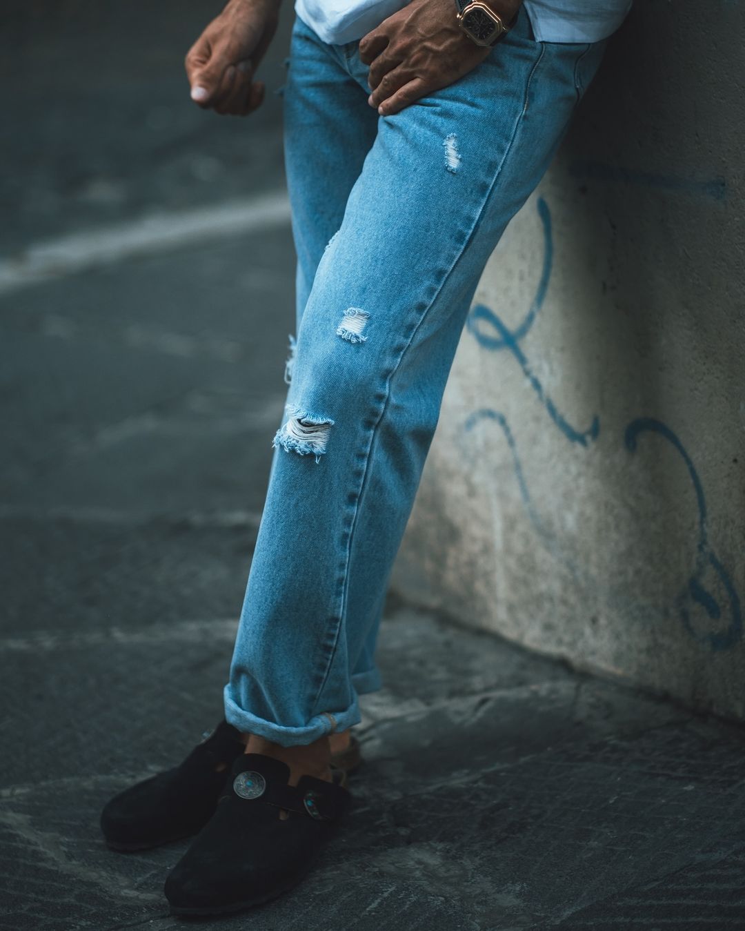 Fade Washed Light Blue Distressed Jeans