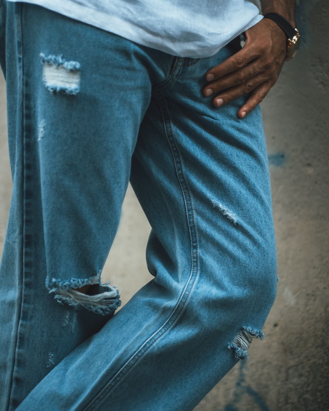 Fade Washed Light Blue Distressed Jeans