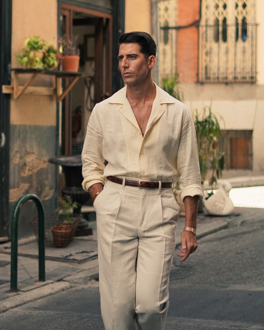 Pleated Linen Vintage Cream Birdseye Pant - 4