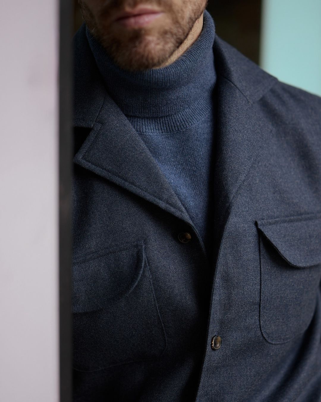 Dugdale Navy Blue Wool Flannel Shirt Jacket