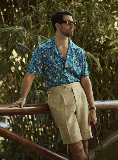 Pleated Goldish Yellow Linen Shorts