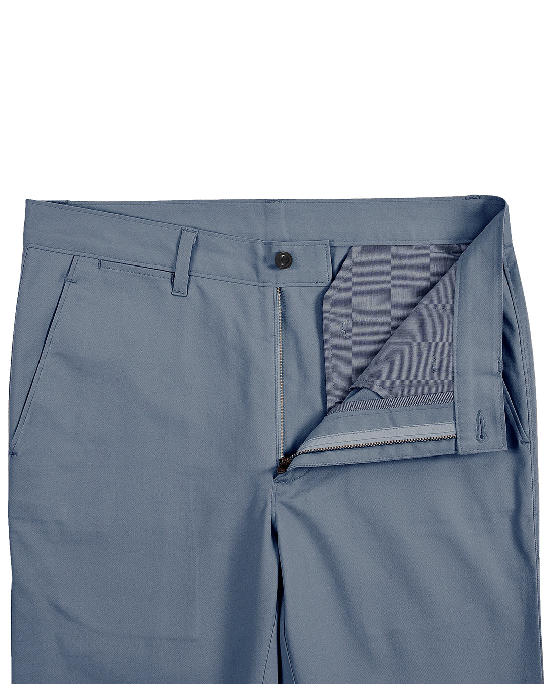 Front open view of custom Genoa Chino pants for men by Luxire in blueish grey