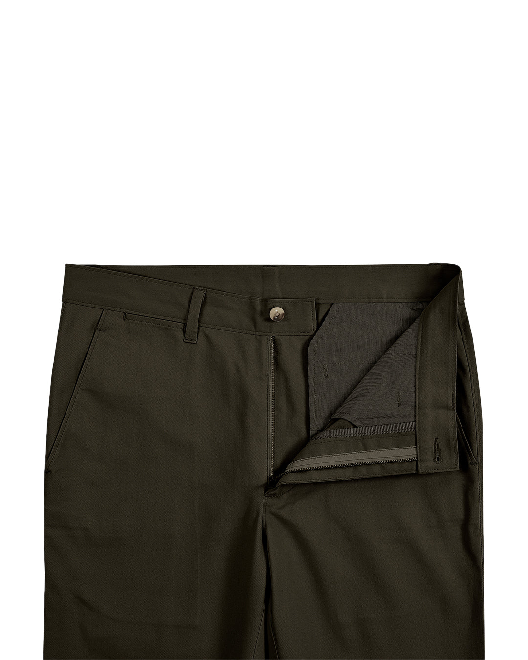 Open front view of custom Genoa Chino pants for men by Luxire in brown