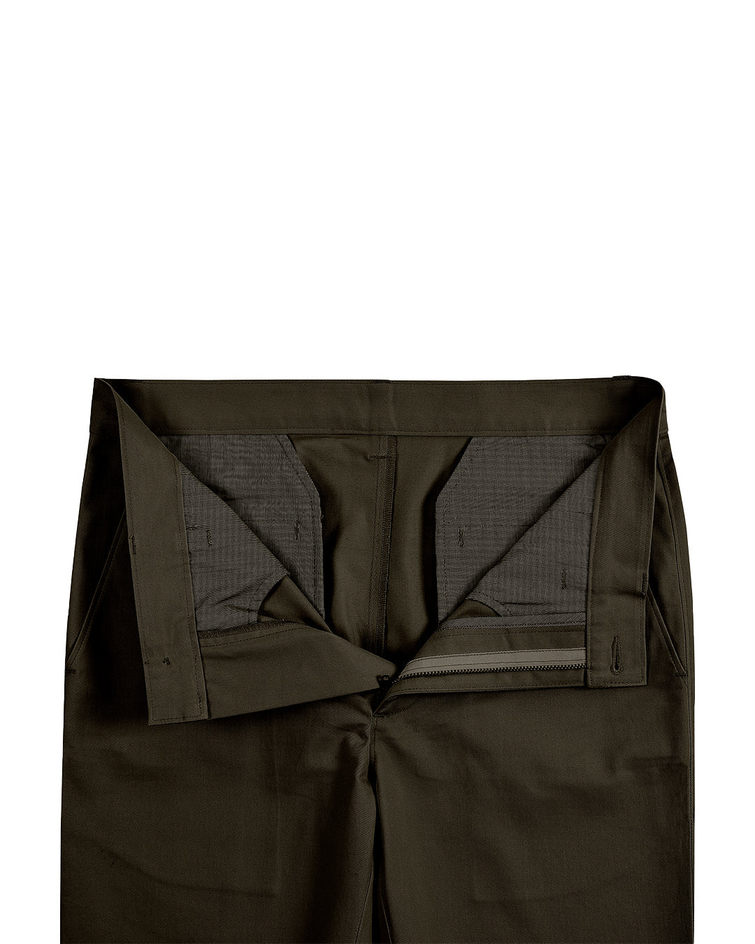 Front open view of custom Genoa Chino pants for men by Luxire in brown