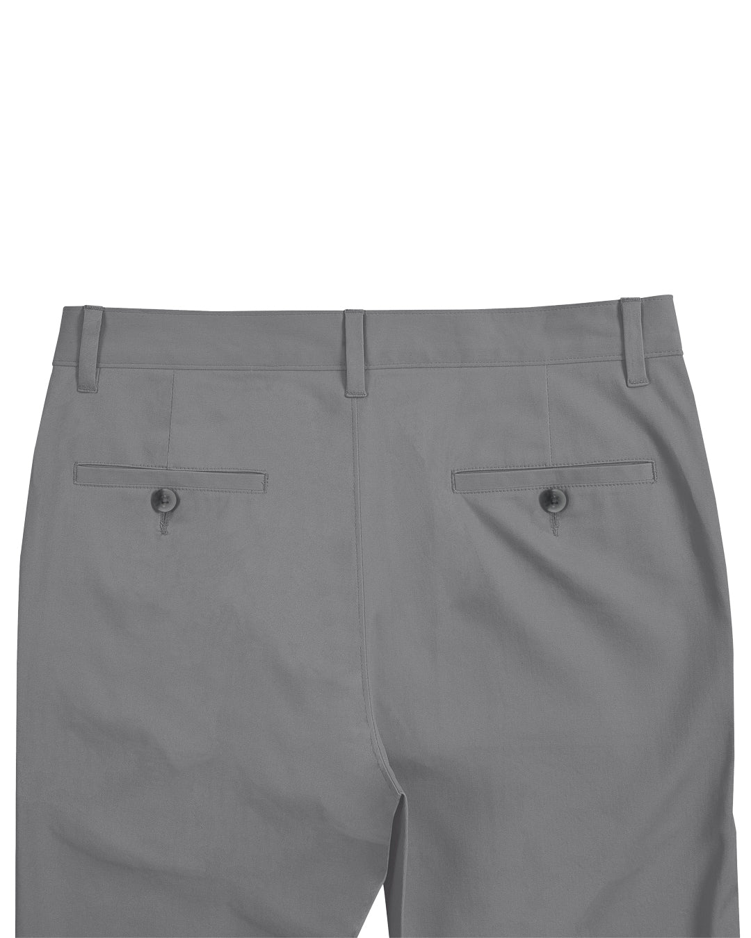 Open front view of custom Genoa Chino pants for men by Luxire in dark grey
