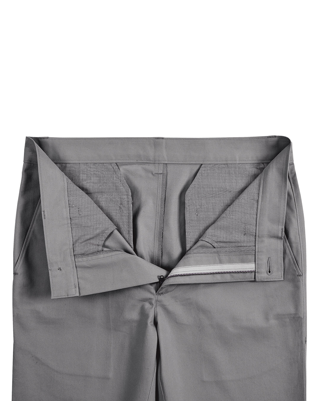 Front open view of custom Genoa Chino pants for men by Luxire in dark grey