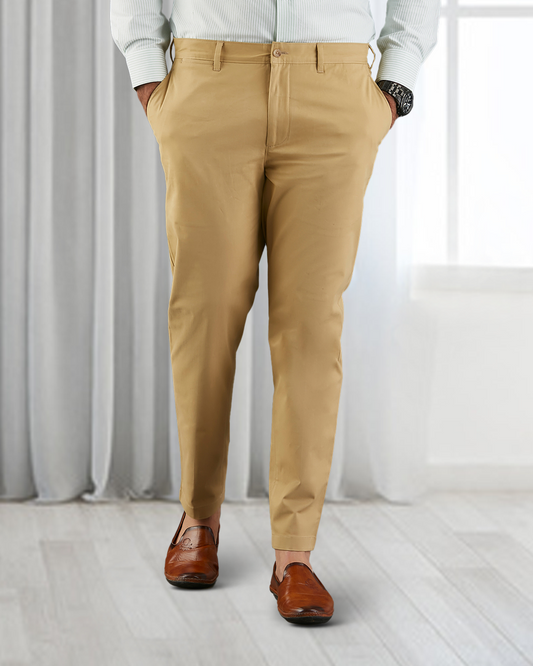 Front view of custom Genoa Chino pants for men by Luxire in khaki
