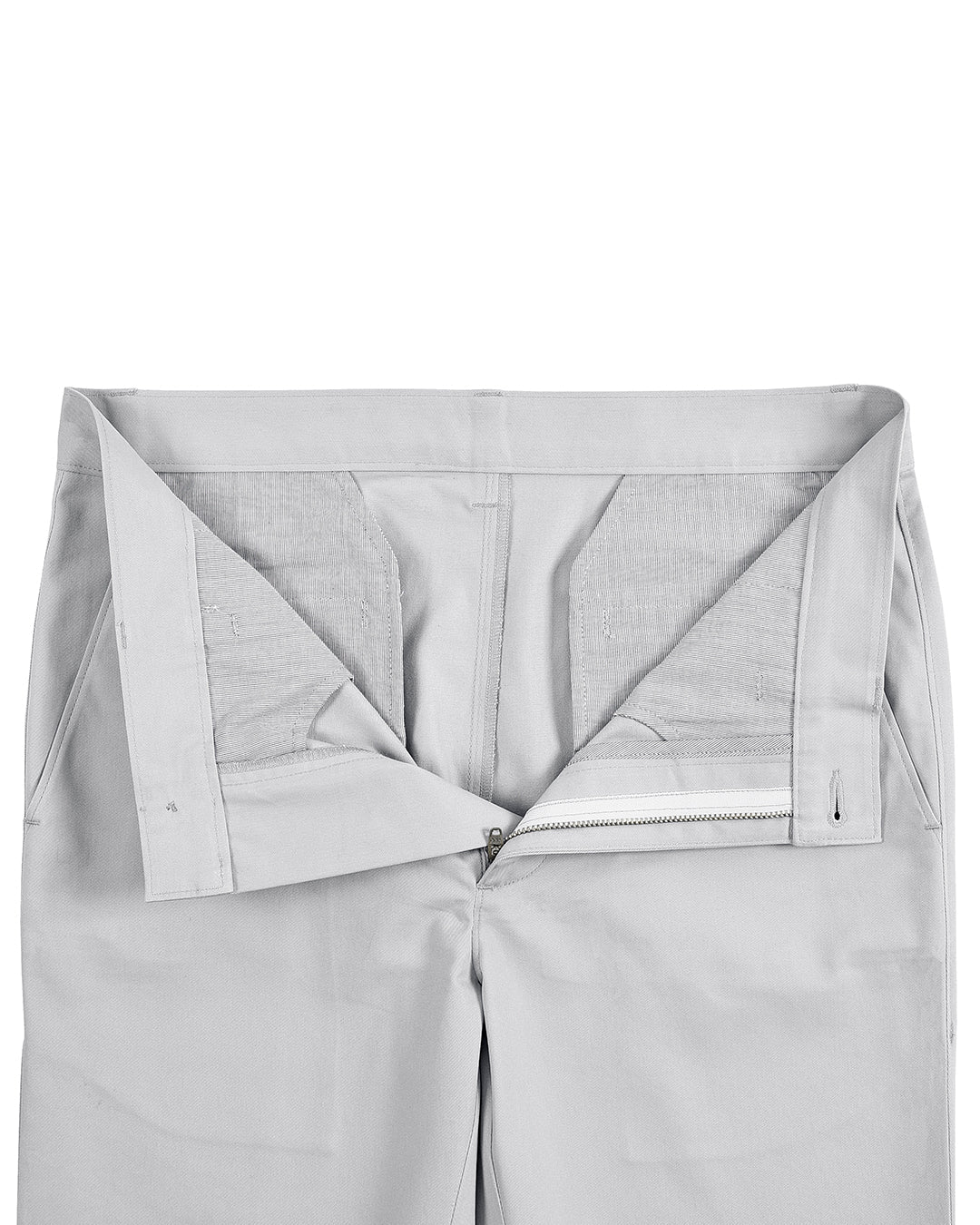 Open front view of custom Genoa Chino pants for men by Luxire in light grey