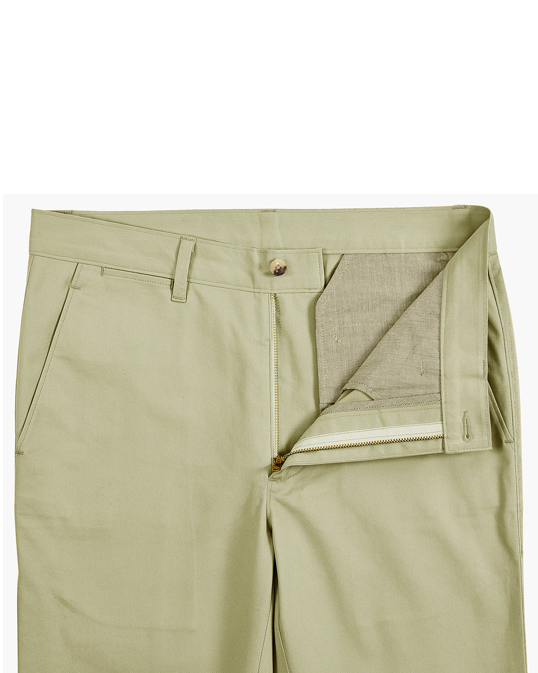 Open front view of custom Genoa Chino pants for men by Luxire in pale lime