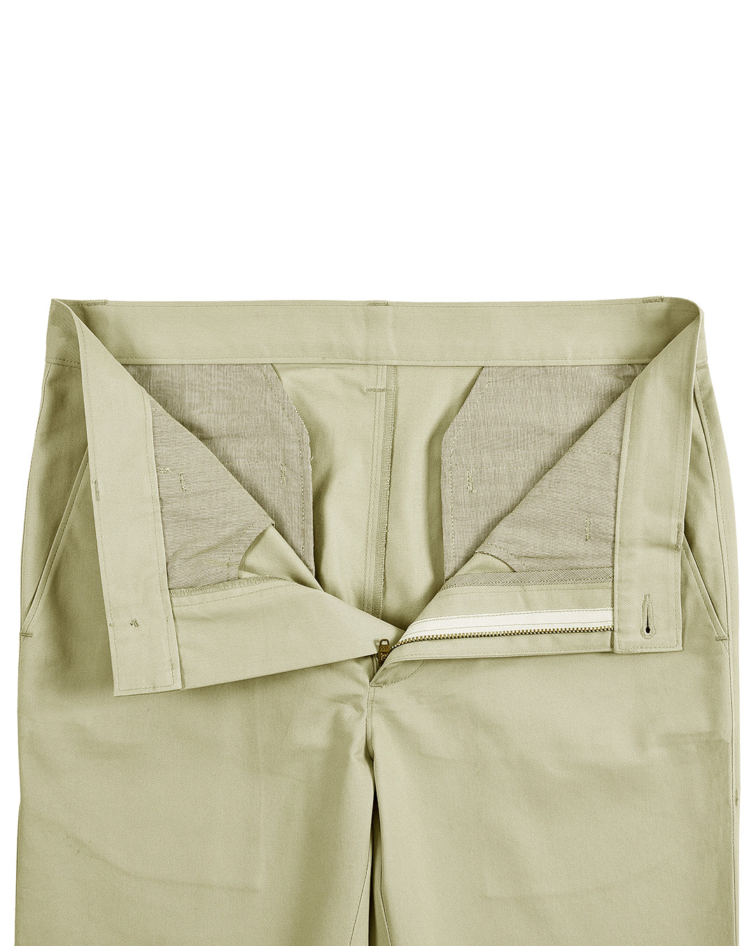 Front open view of custom Genoa Chino pants for men by Luxire in pale lime