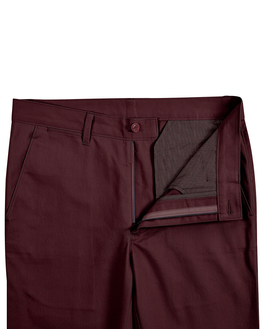 Front open view of custom Genoa Chino pants for men by Luxire in plum