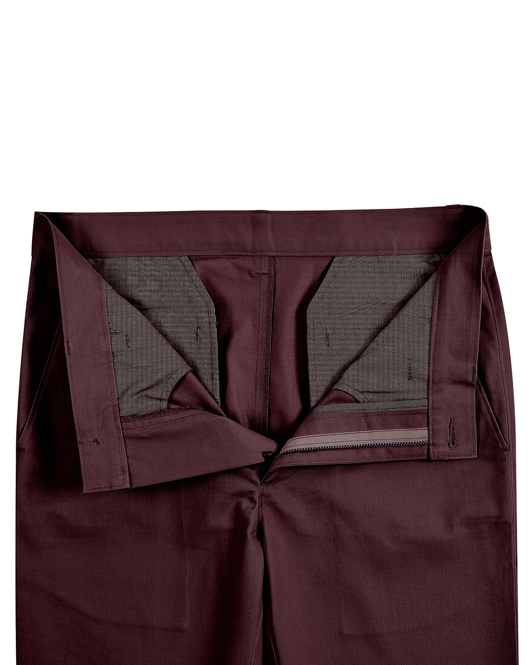 Open front view of custom Genoa Chino pants for men by Luxire in plum