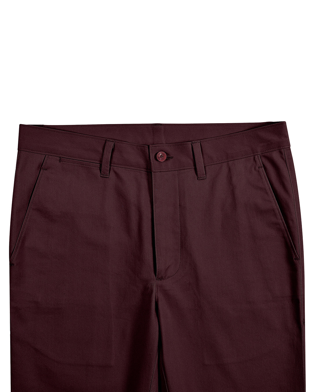 Front view of custom Genoa Chino pants for men by Luxire in plum