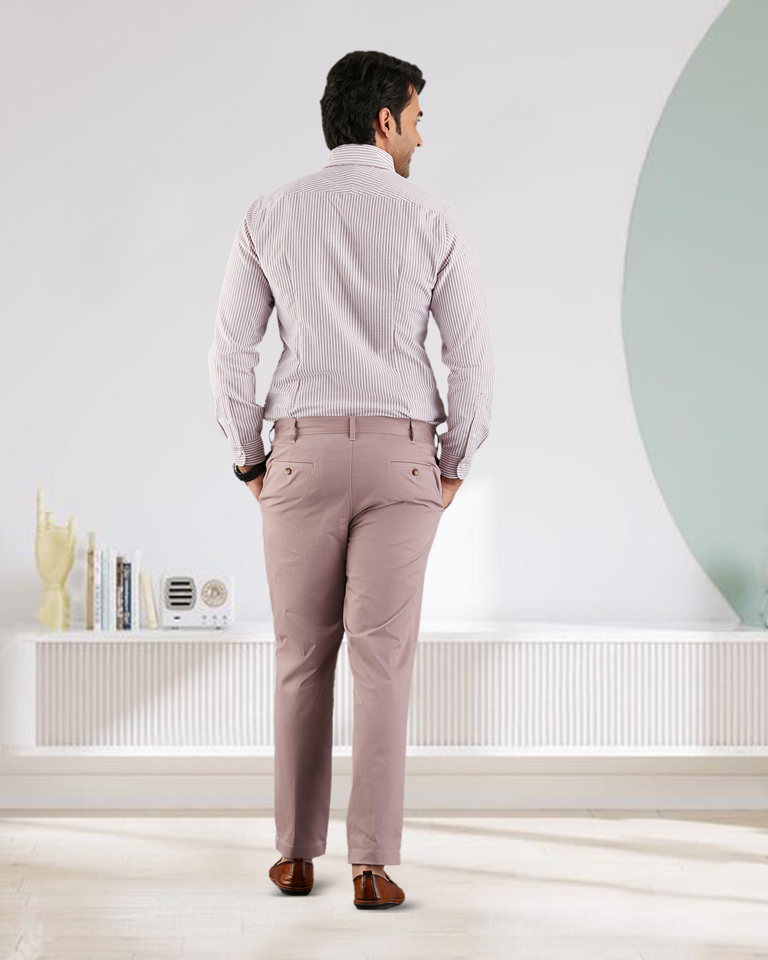 Back of model wearing custom Genoa Chino pants for men by Luxire in purple fade