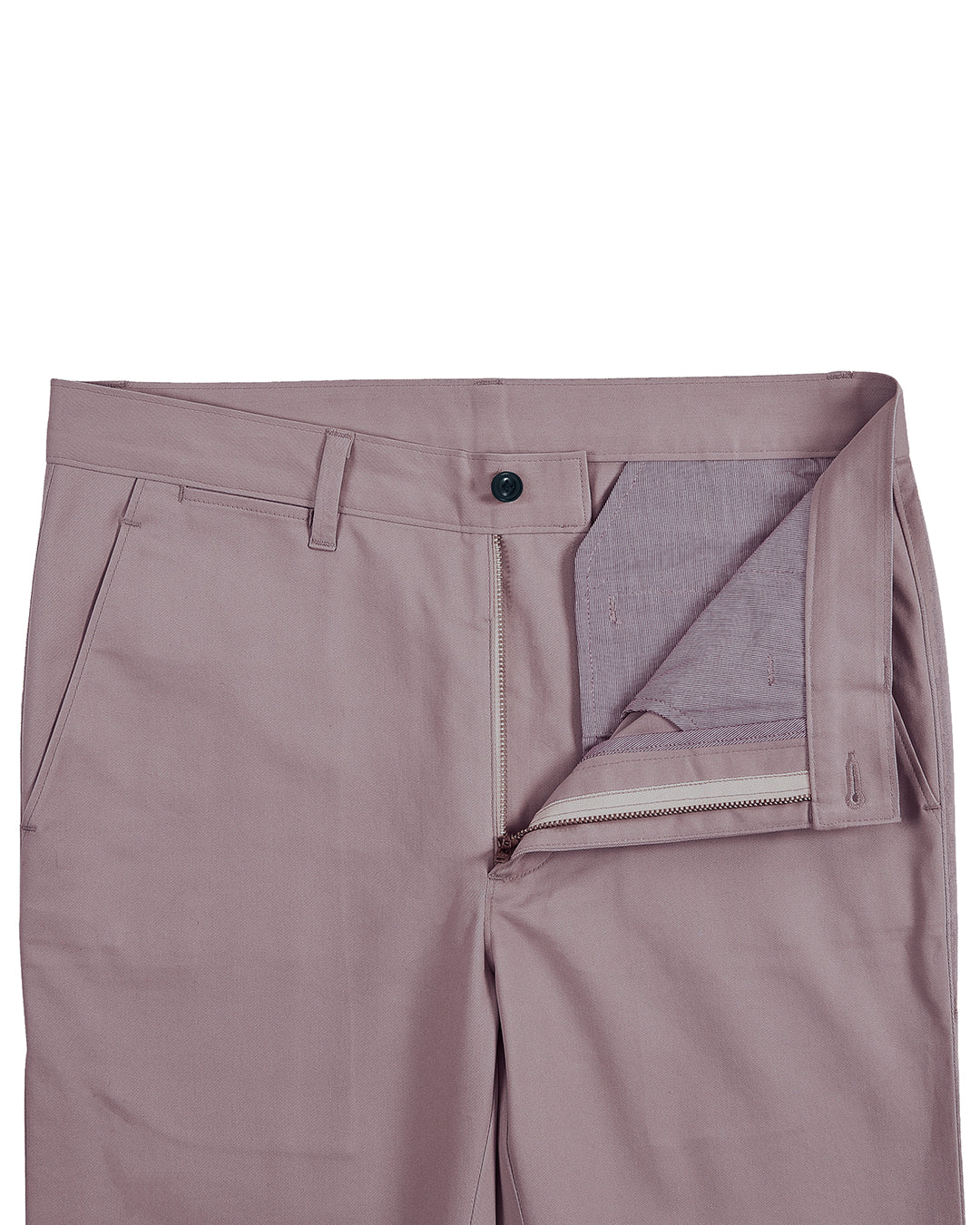 Front open view of custom Genoa Chino pants for men by Luxire in purple fade