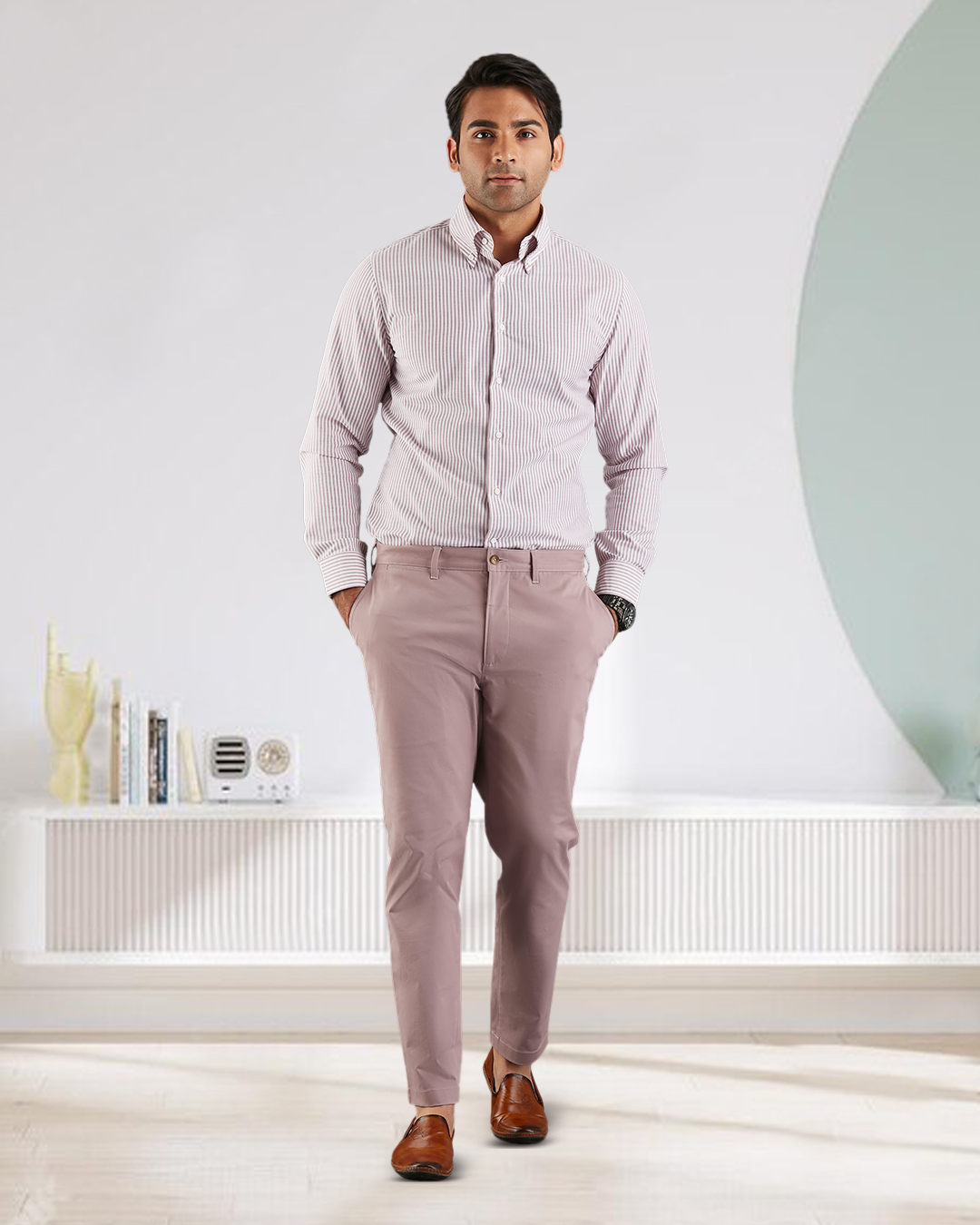 Model wearing custom Genoa Chino pants for men by Luxire in purple fade hands in pockets