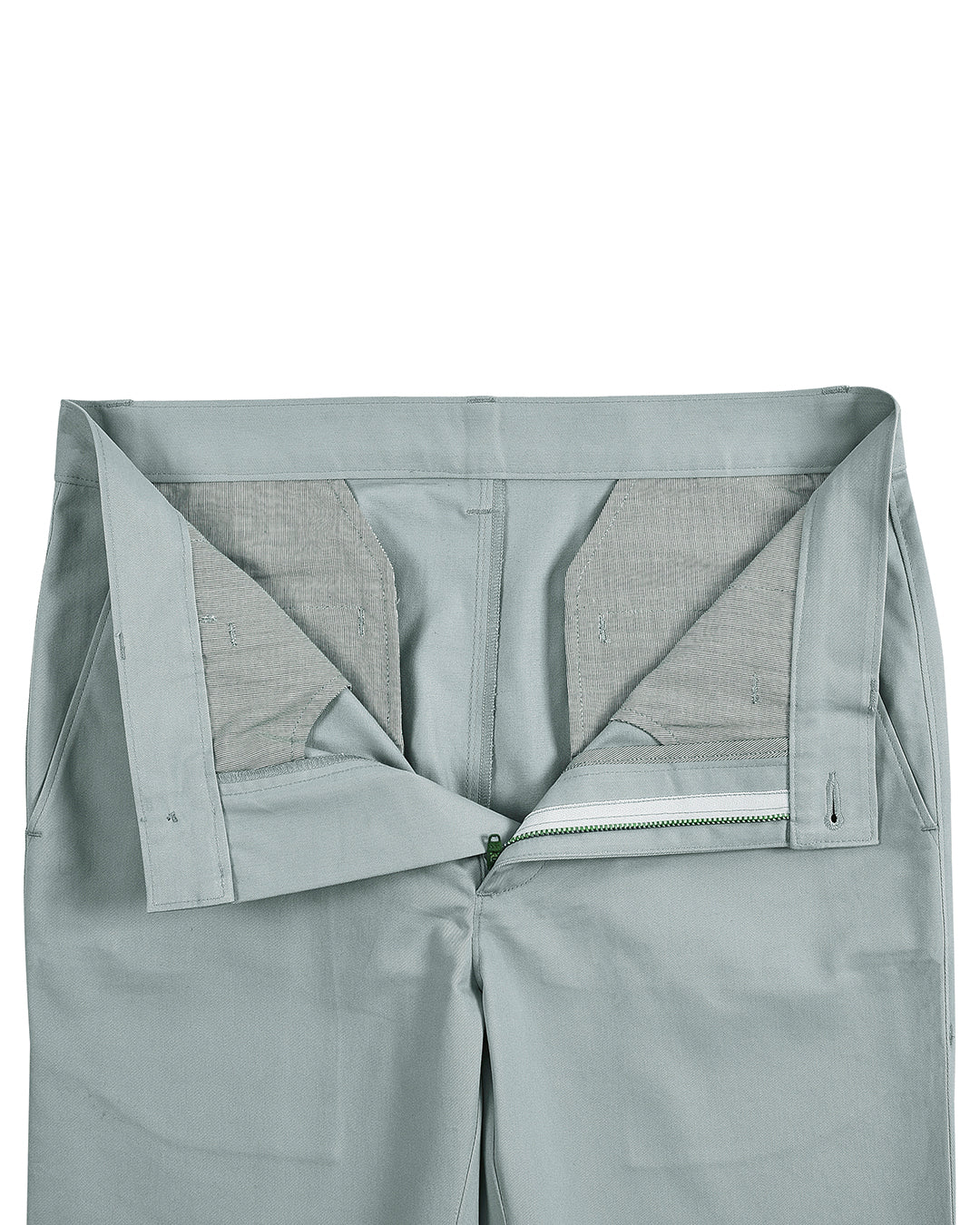 Open front view of custom Genoa Chino pants for men by Luxire in sage green