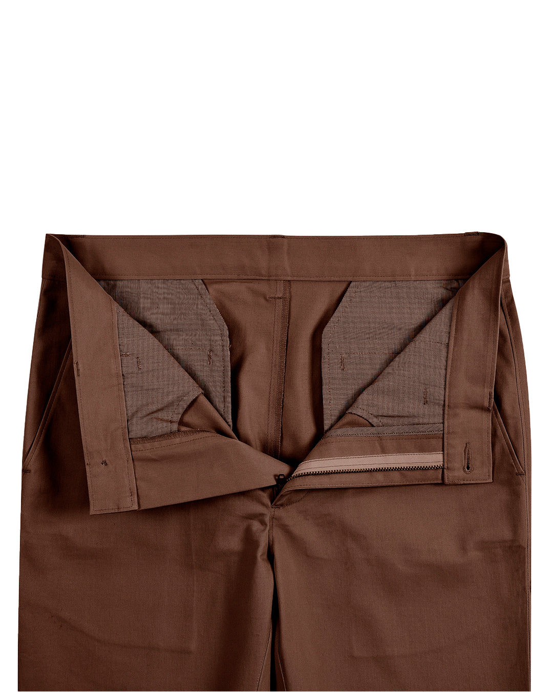 Open front view of custom Genoa Chino pants for men by Luxire in chestnut brown