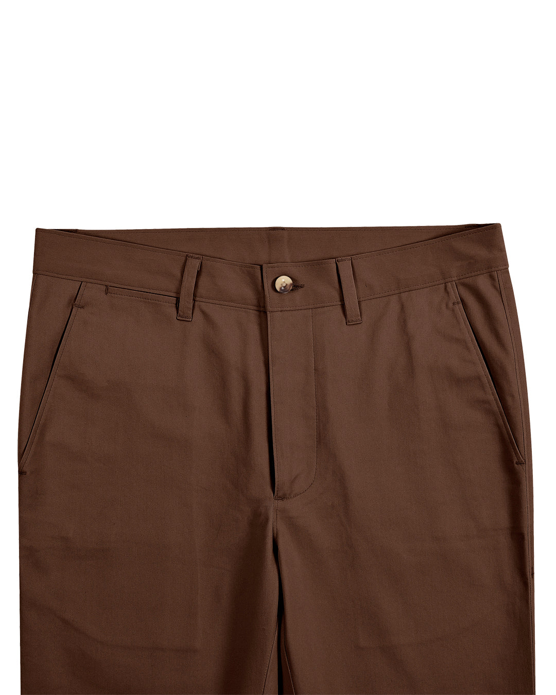 Front view of custom Genoa Chino pants for men by Luxire in chestnut brown