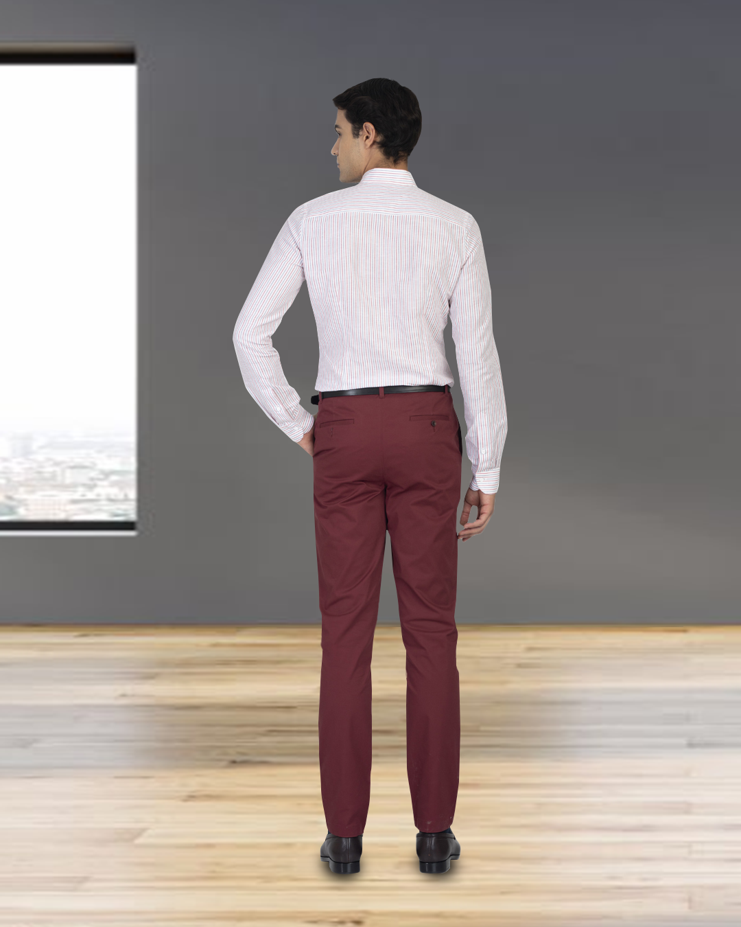 Back view of model wearing custom Genoa Chino pants for men by Luxire in plum