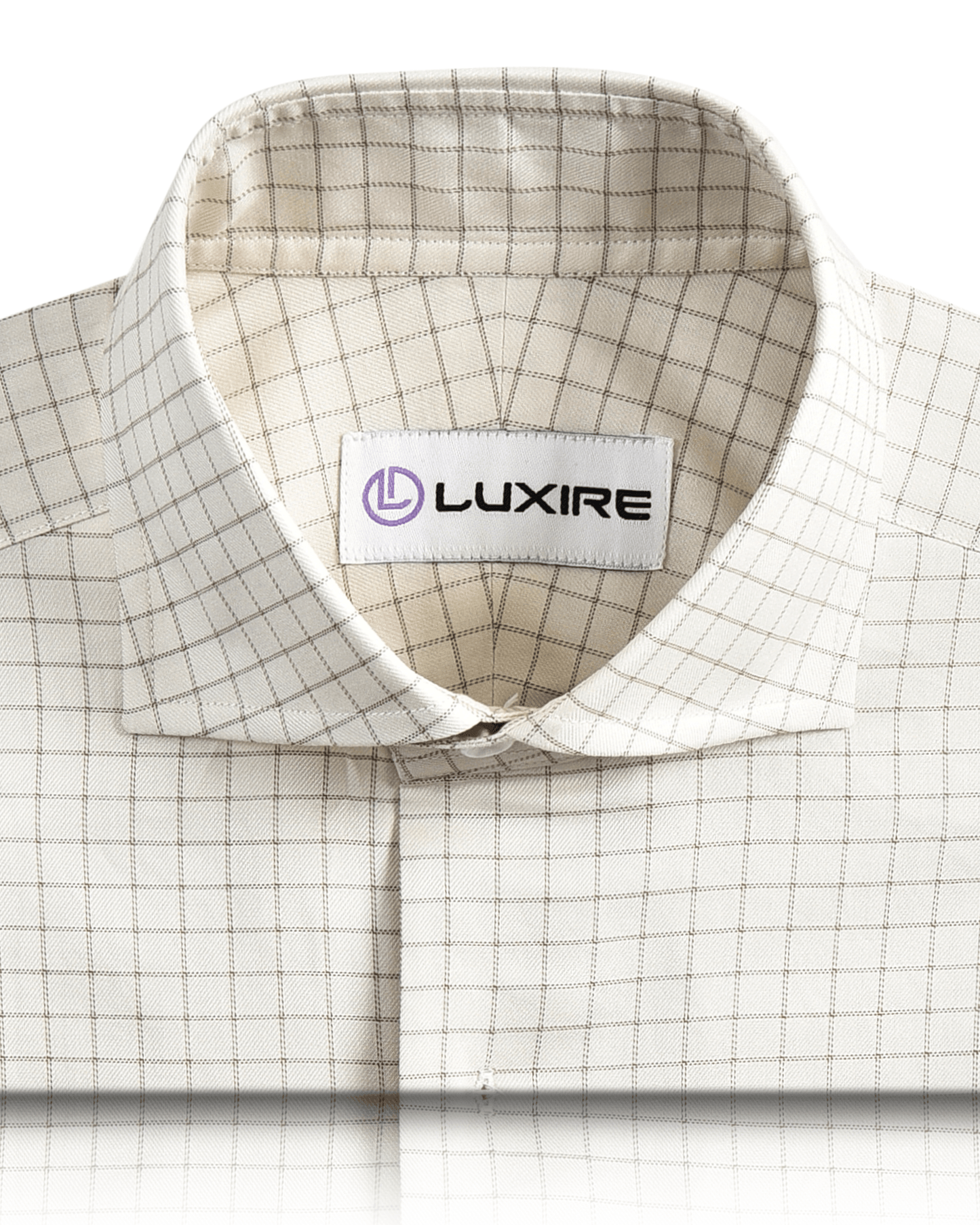 Front close view of custom check shirts for men by Luxire cream tan