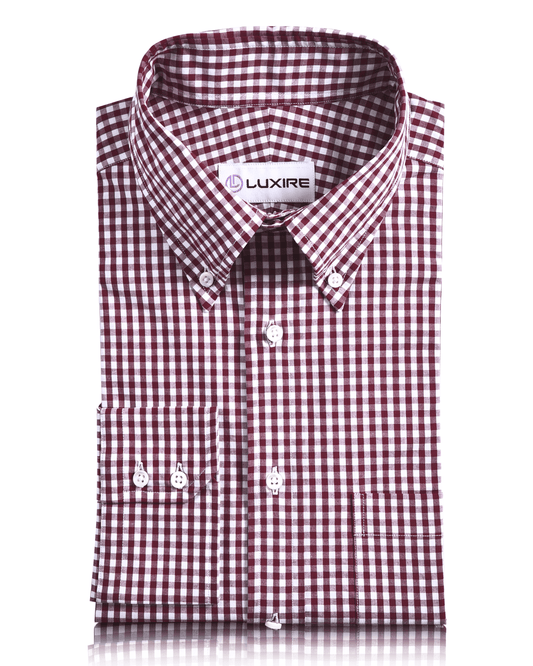 Front view of custom check shirts for men by Luxire deep red gingham