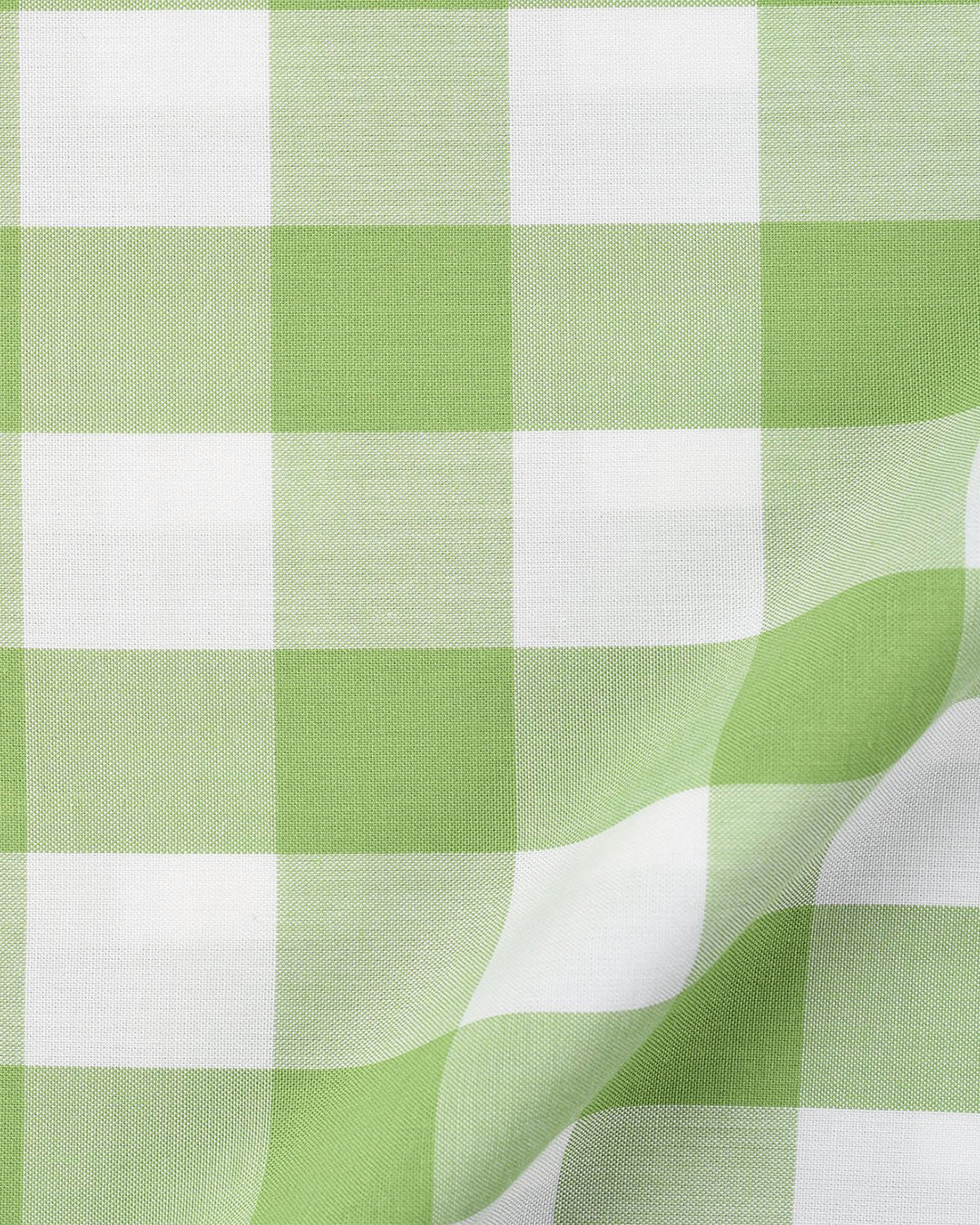 Close up view of custom check shirts for men by Luxire green and white gingham