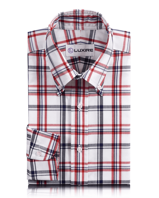 Front view of custom check shirts for men by Luxire red and navy oxford