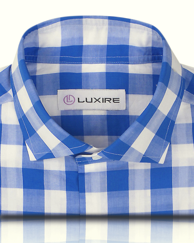 Front close view of custom check shirts for men by Luxire in blue white macro