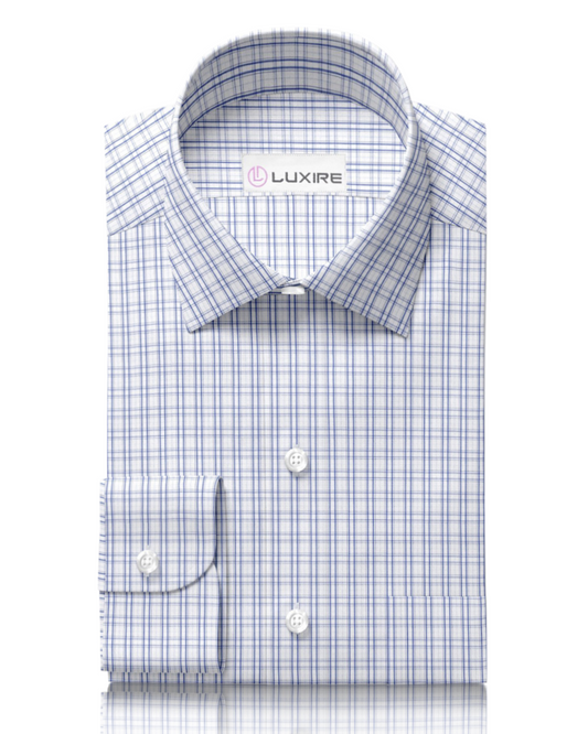 Front view of custom check shirts for men by Luxire in blue shadow