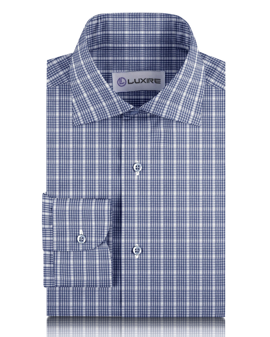 Front view of custom check shirts for men by Luxire dark blue and white graph