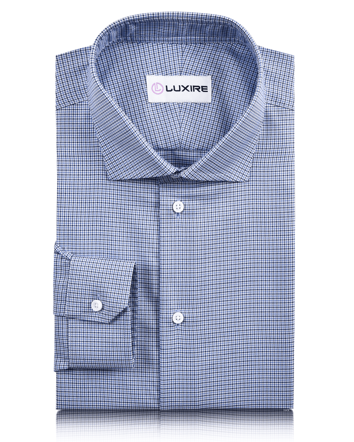 Front view of custom check shirts for men by Luxire blue and white micro houndstooth