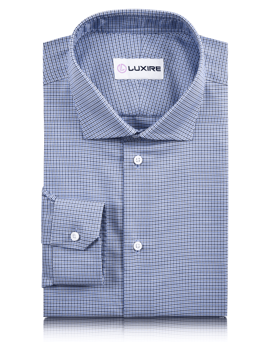 Front view of custom check shirts for men by Luxire blue and white micro houndstooth