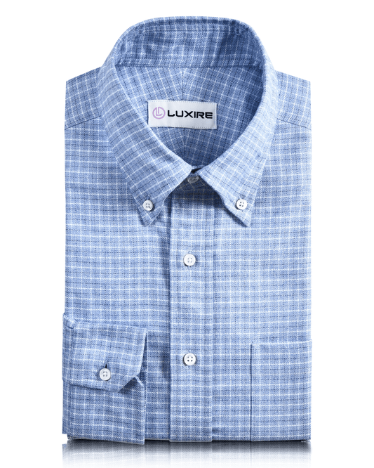 Front view of custom check shirts for men by Luxire dark blue light blue and white