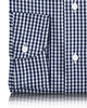 Close up view of custom check shirts for men by Luxire dark denim blue on white