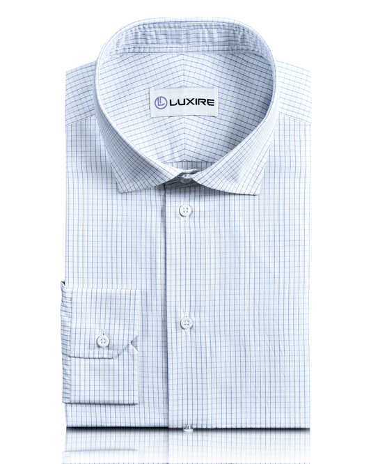 Front view of custom check shirts for men by Luxire in blue graph natural touch of silk
