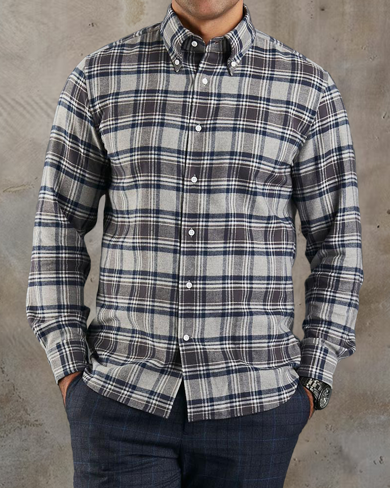 Dark Gull Grey Navy Plaid Flannel Shirt - 1