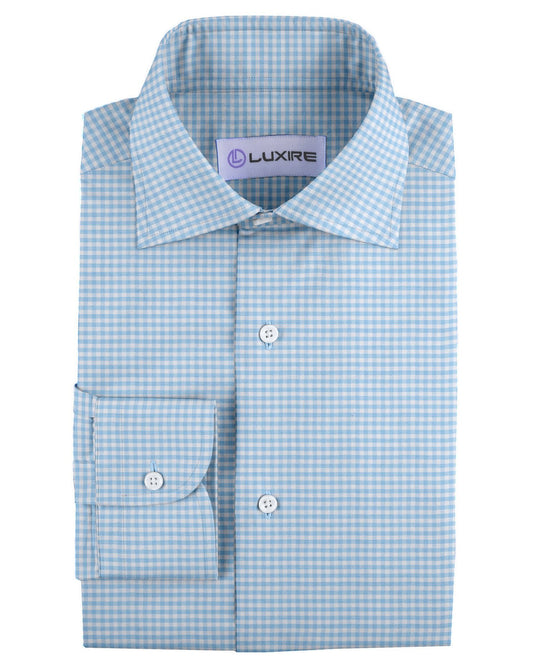 Front view of custom check shirts for men by Luxire light blue gingham
