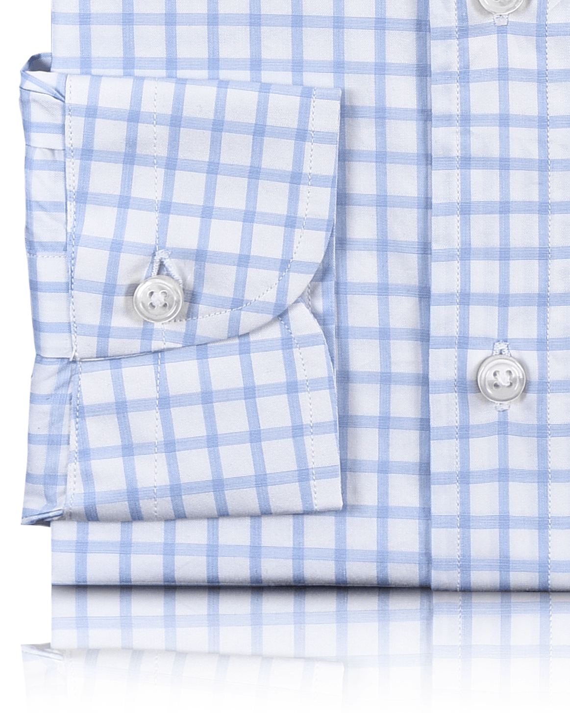 Close cuff view of custom check shirts for men by Luxire light blue plaid