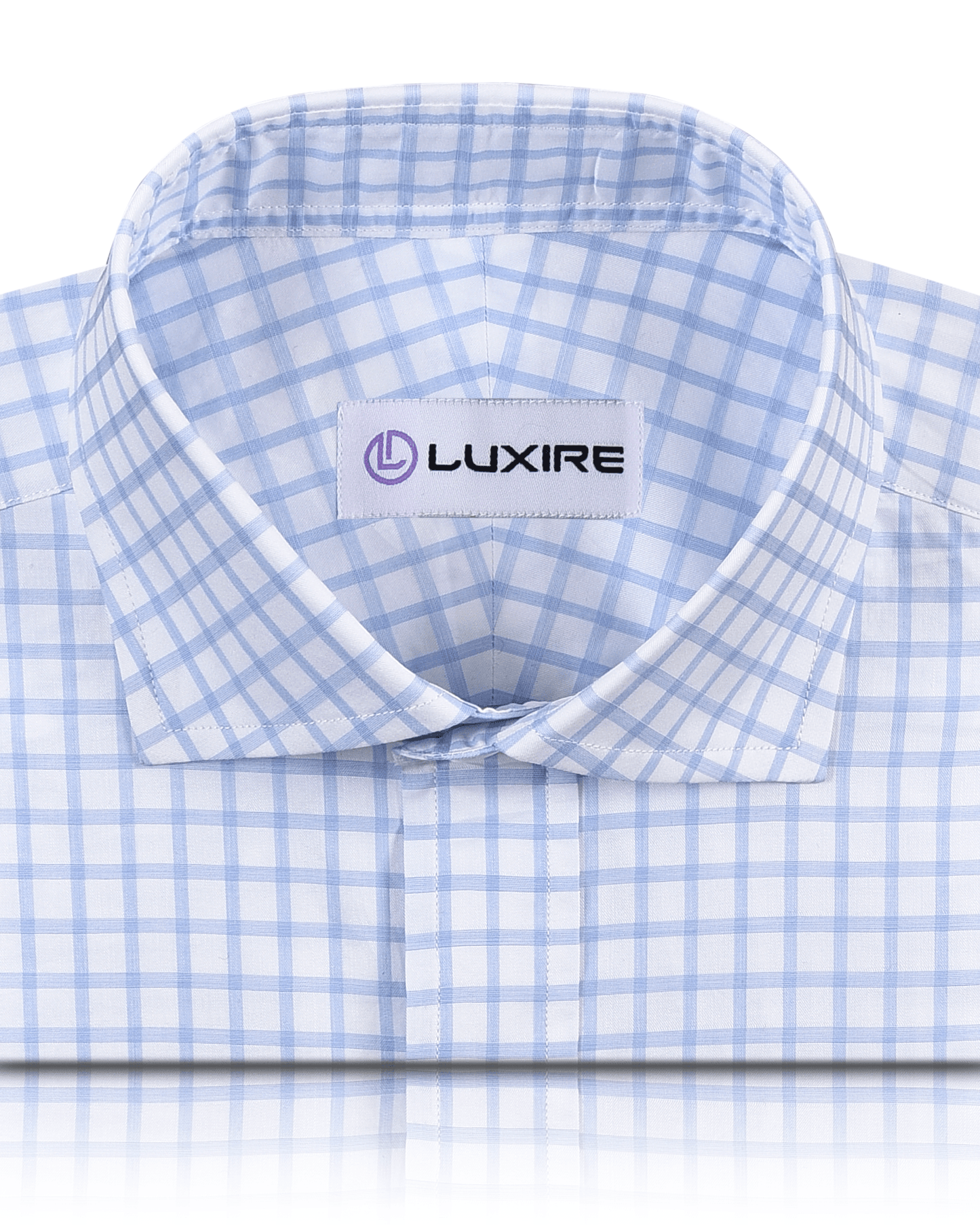 Front close view of custom check shirts for men by Luxire light blue plaid